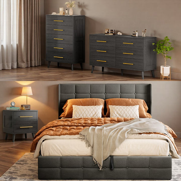 Bedroom Set - Includes Full Size Bed Frame (Dark Gray), Nightstands, 5 - Drawer Dresser & Double Wide 6 - Drawer Dresser - Modern Storage Solution