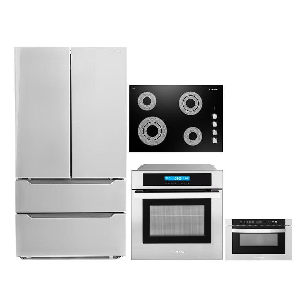 Cosmo 4 Piece Kitchen Appliance Package 30" Electric Cooktop 24" Single Electric Wall Oven 24" Built - in Microwave Drawer & French Door Refrigerator
